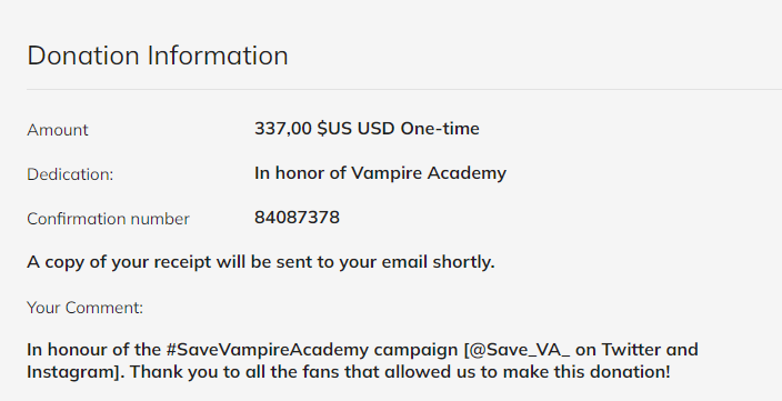 Vampire Academy Trevor Project Donation Receipt